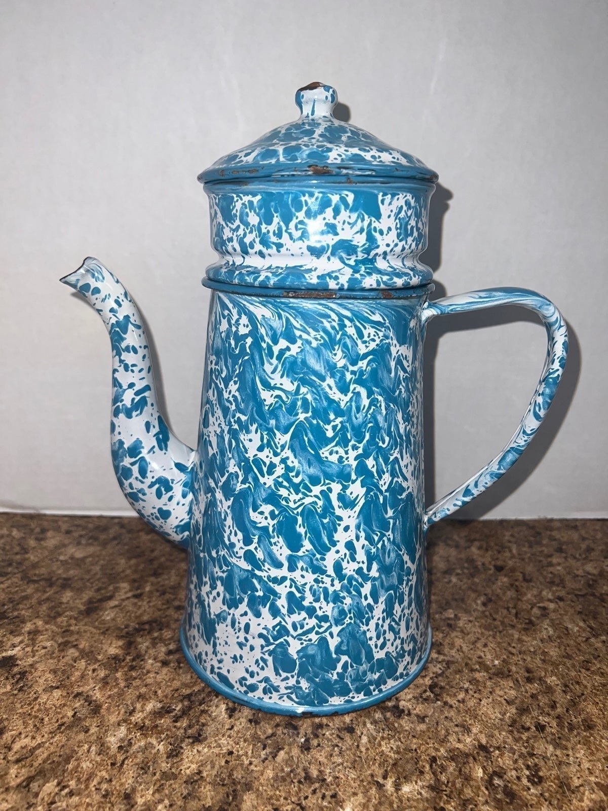 Old Fashion Vintage Marbled Granite Ware Drip Coffee Pot Farmhouse Decor