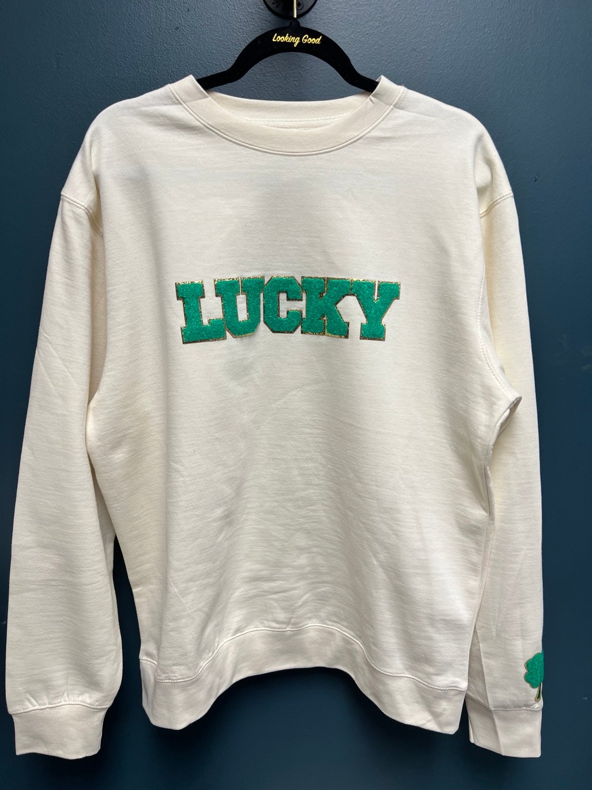 Lucky Chennile Patch Crewneck Cream Large