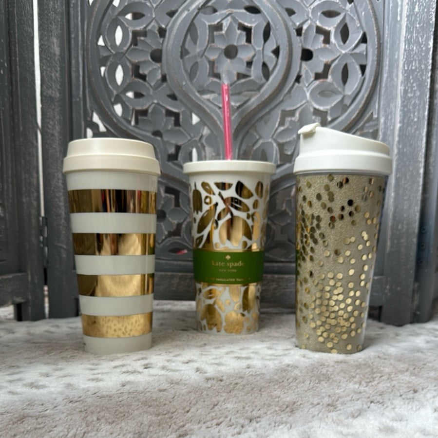 NWT! Kate Spade gold cream travel mugs set tumbler floral polka dot stripes