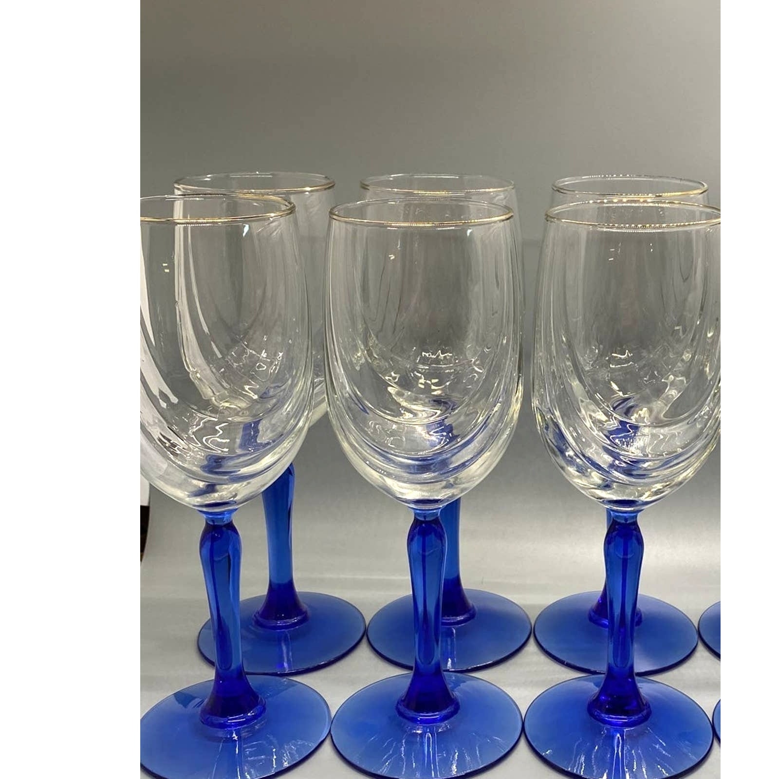 Crystal Blue by LIBBEY Stemmed Art Deco Style Wine Glasses 1990s Set of Eight