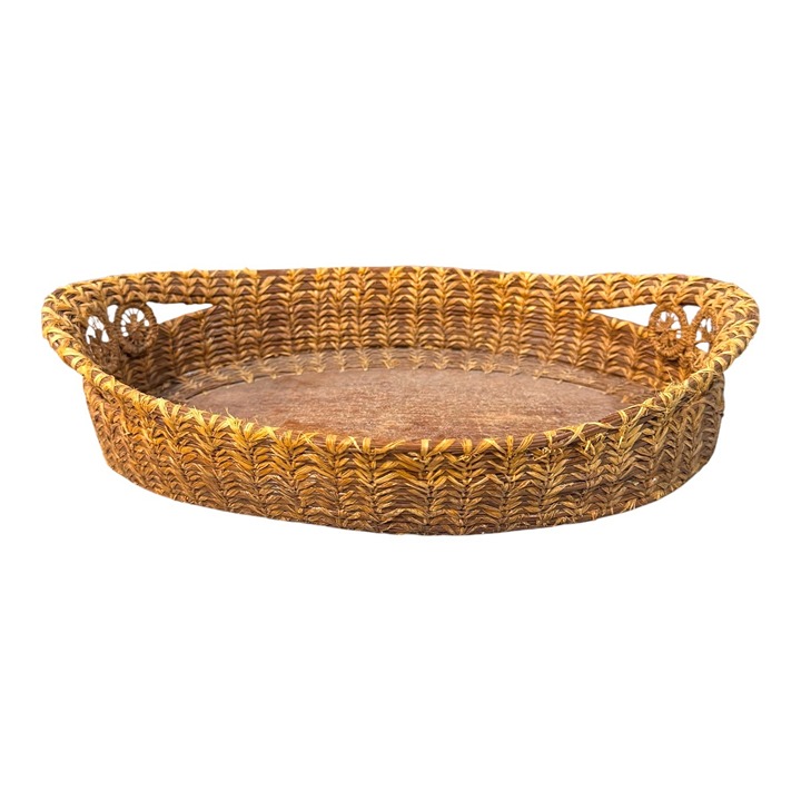 Handwoven Pine Needle Straw Raffia Catch All Oval Wicker Basket Handles READ
