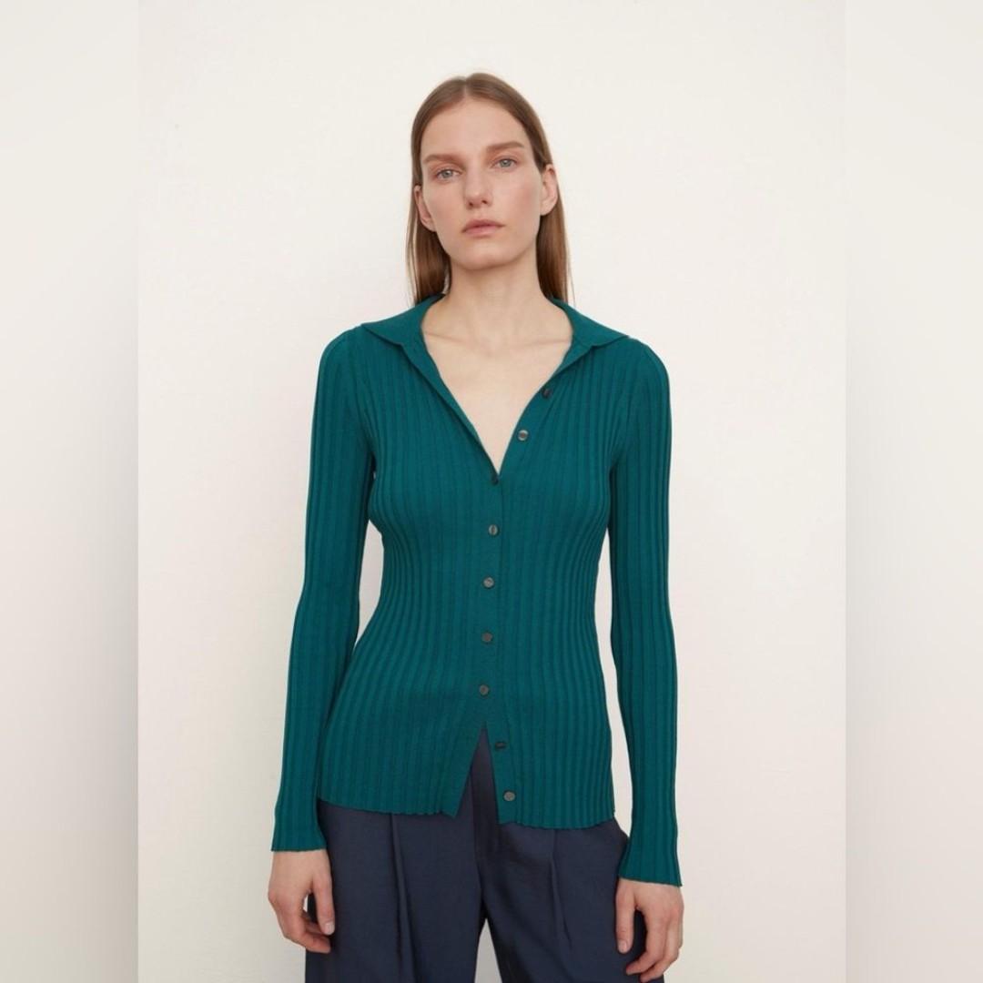 NWT Vince Dark Jade Rib Knit Long Sleeve Button Up Cardigan Women’s Size XS