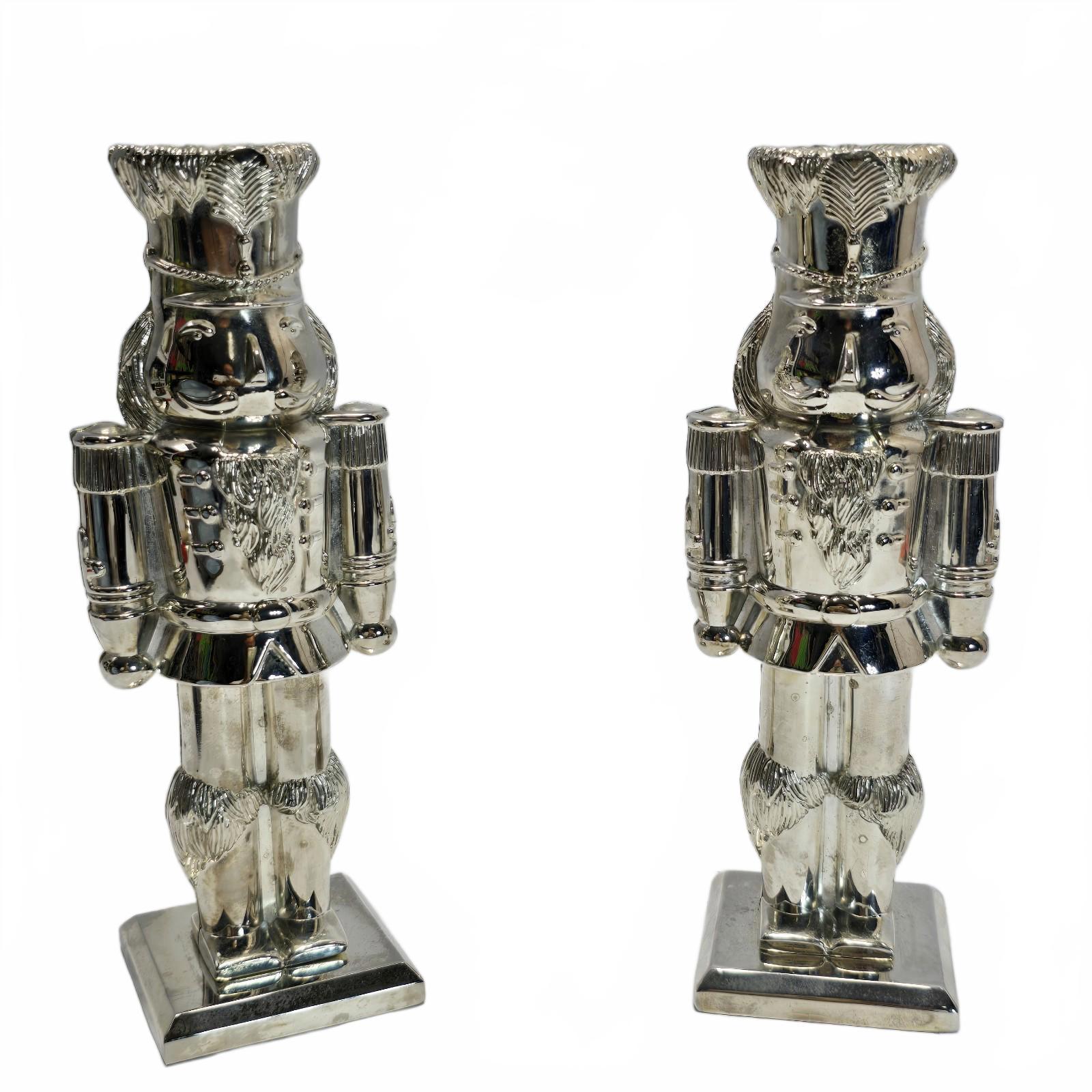 Silver Nutcracker Soldier Candle Holder Set of 2 Holiday Christmas Decor Elegant