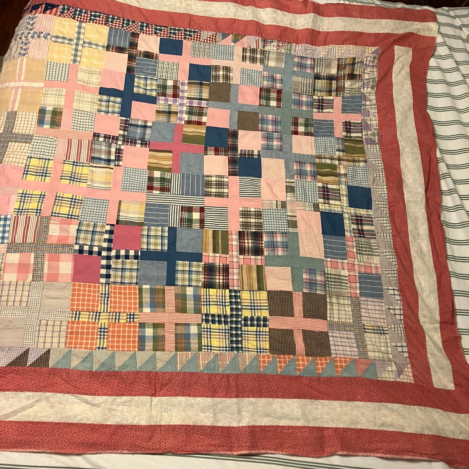 Vintage Antique Hand Stitched Quilt Top Scrap Block Pattern 58 x 62