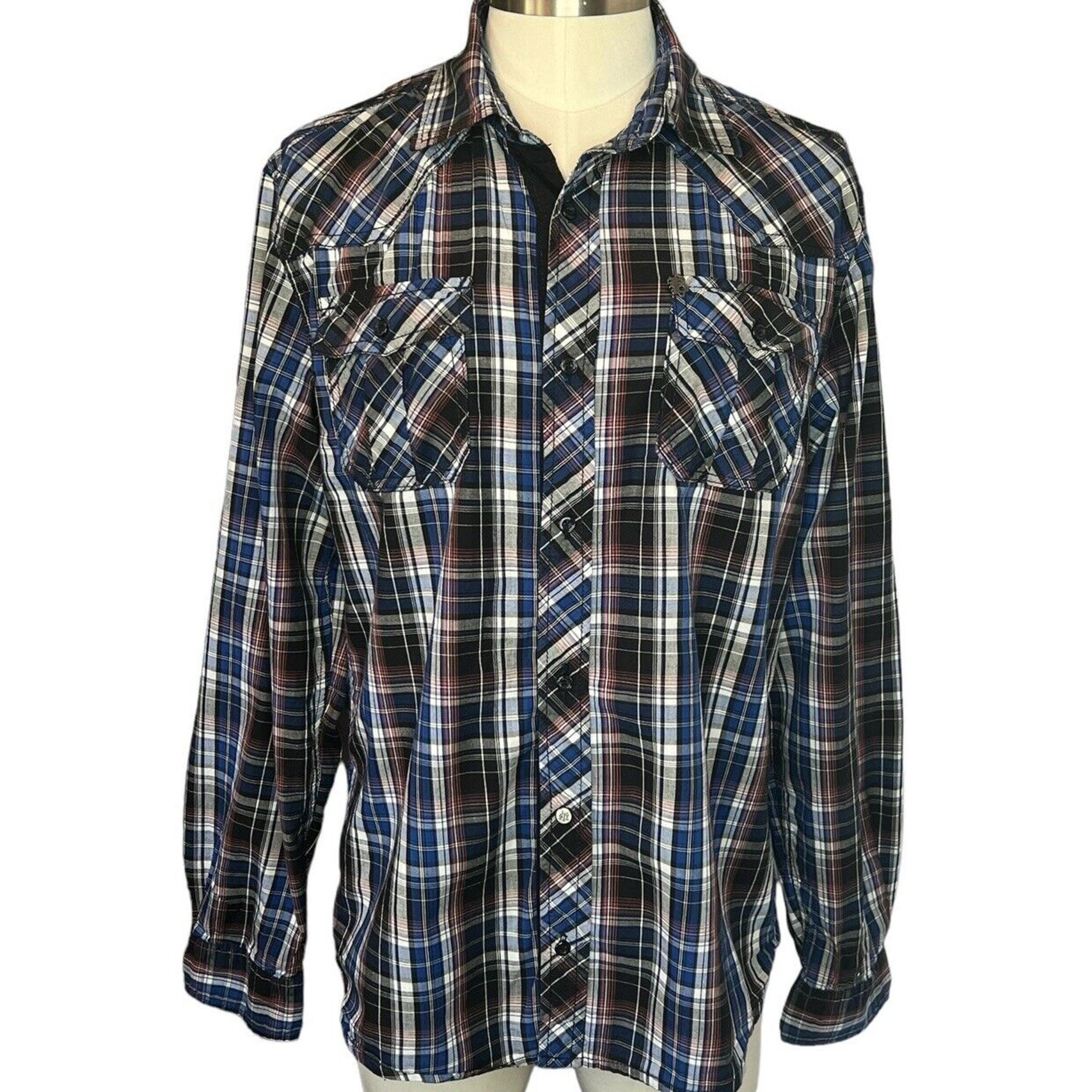 Buffalo David Bitton Shirt Mens Size L Long Sleeve Navy Plaid Pockets Cotton