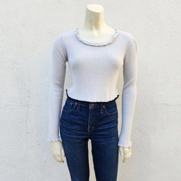 For Love and Lemons women Knitz Ruffle Edge Crop Sweater Grey Black Size Small