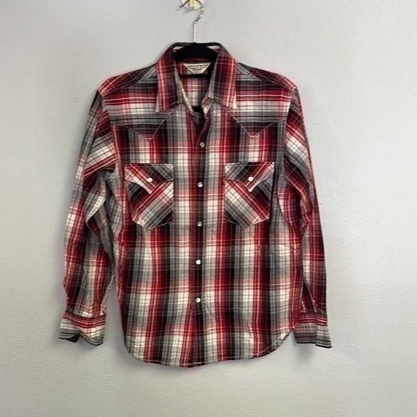 Vintage 90s Men's Levi's Western Plaid Pearl Snap Button-Up Collared Shirt Sz M