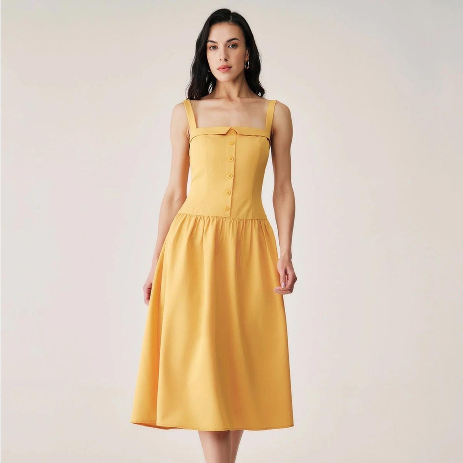 RIHOAS Yellow Button Pleated Slip Midi Dress 12