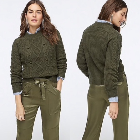 NWT J. Crew Pom-Pom Cable Knit Sweater XS Green Lambswool Blend AE995