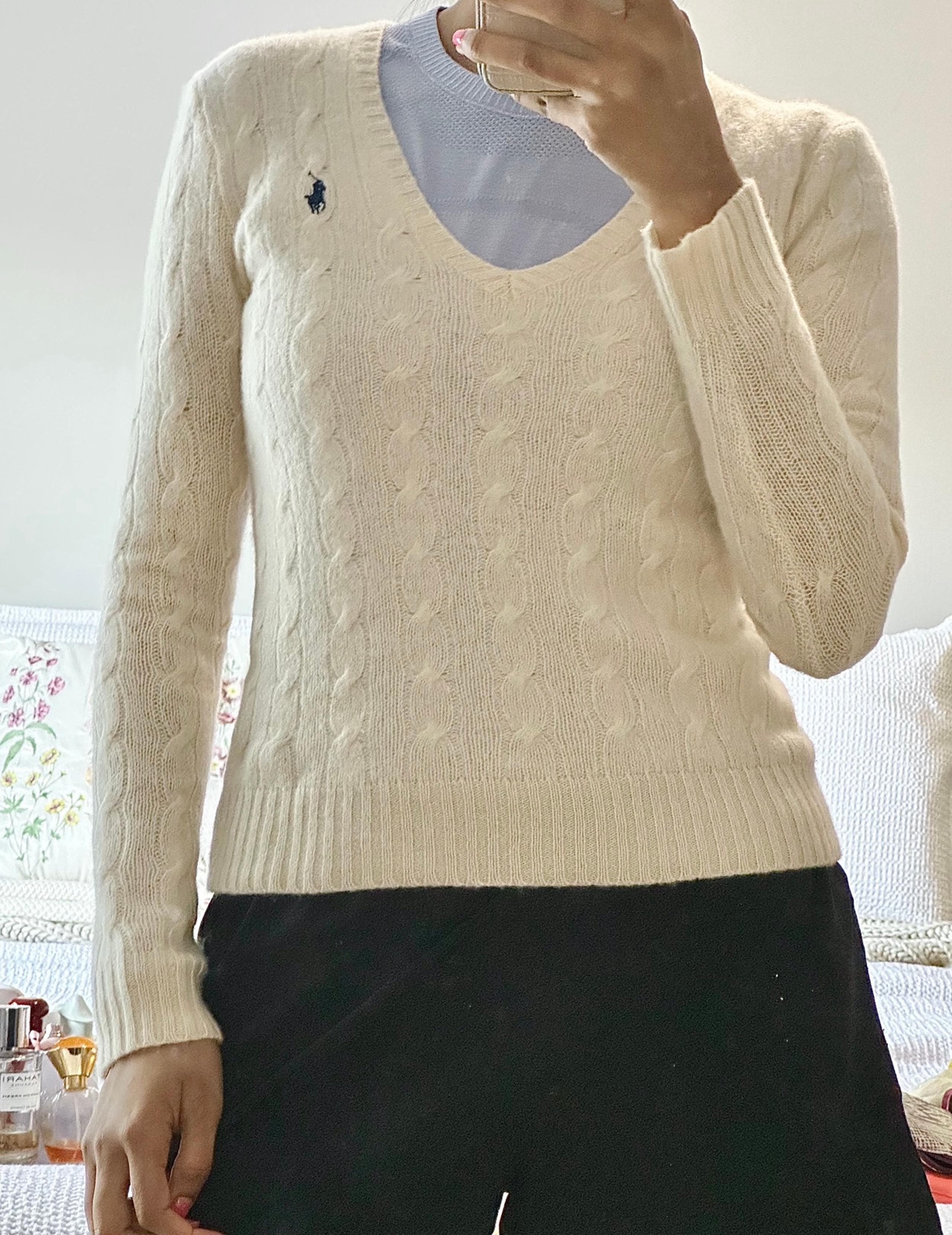 Ralph Lauren Cream Knit Wool-Cashmere pullover Vneck Sweater