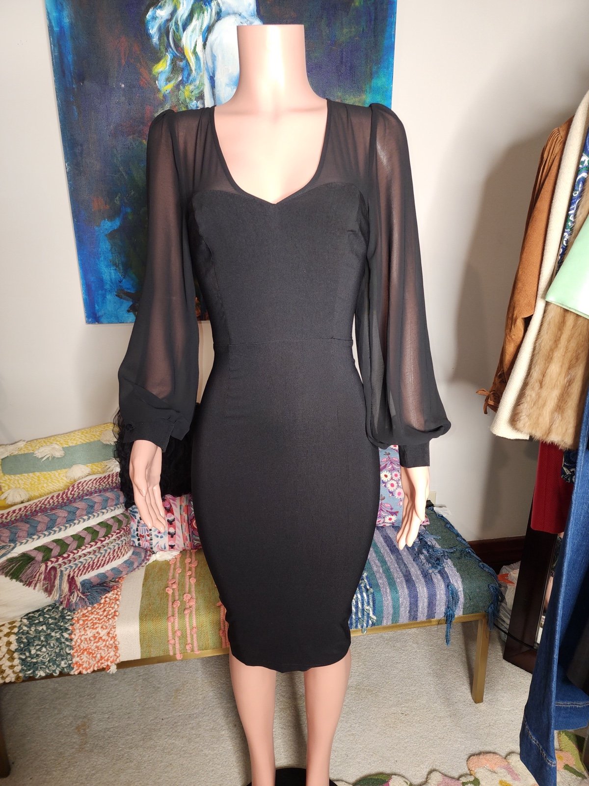 Gorgeous Collectif Vintage London Black Sheer Sleeve Dress XXS