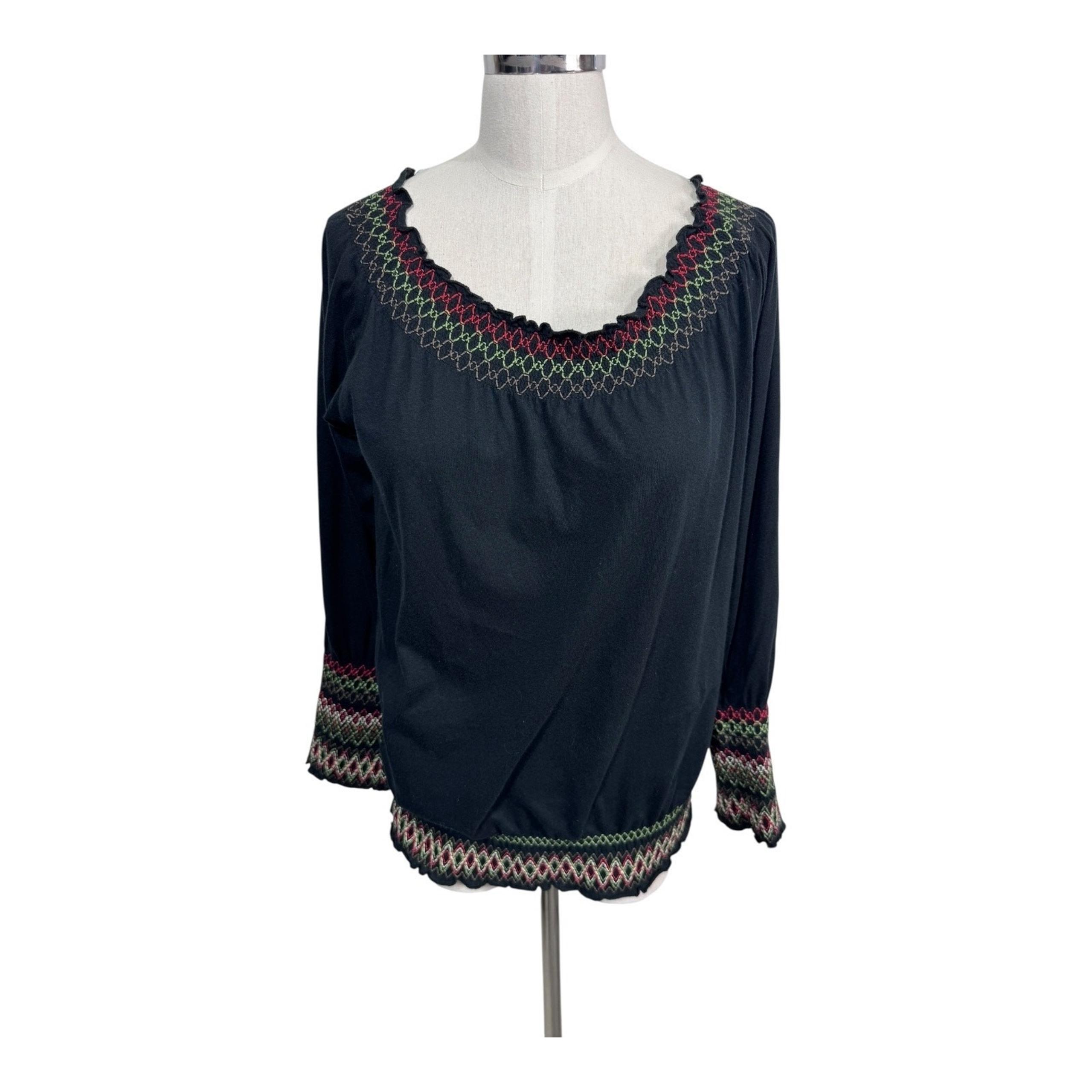 RXB Black Smocked Embroidered Long Sleeve Boho Off Shoulder Peasant Top Size S