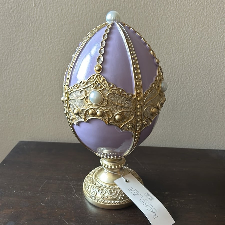Rachel Zoe EASTER EGG FIGURINE Lavender purple pedestal embellished Pearls 11”