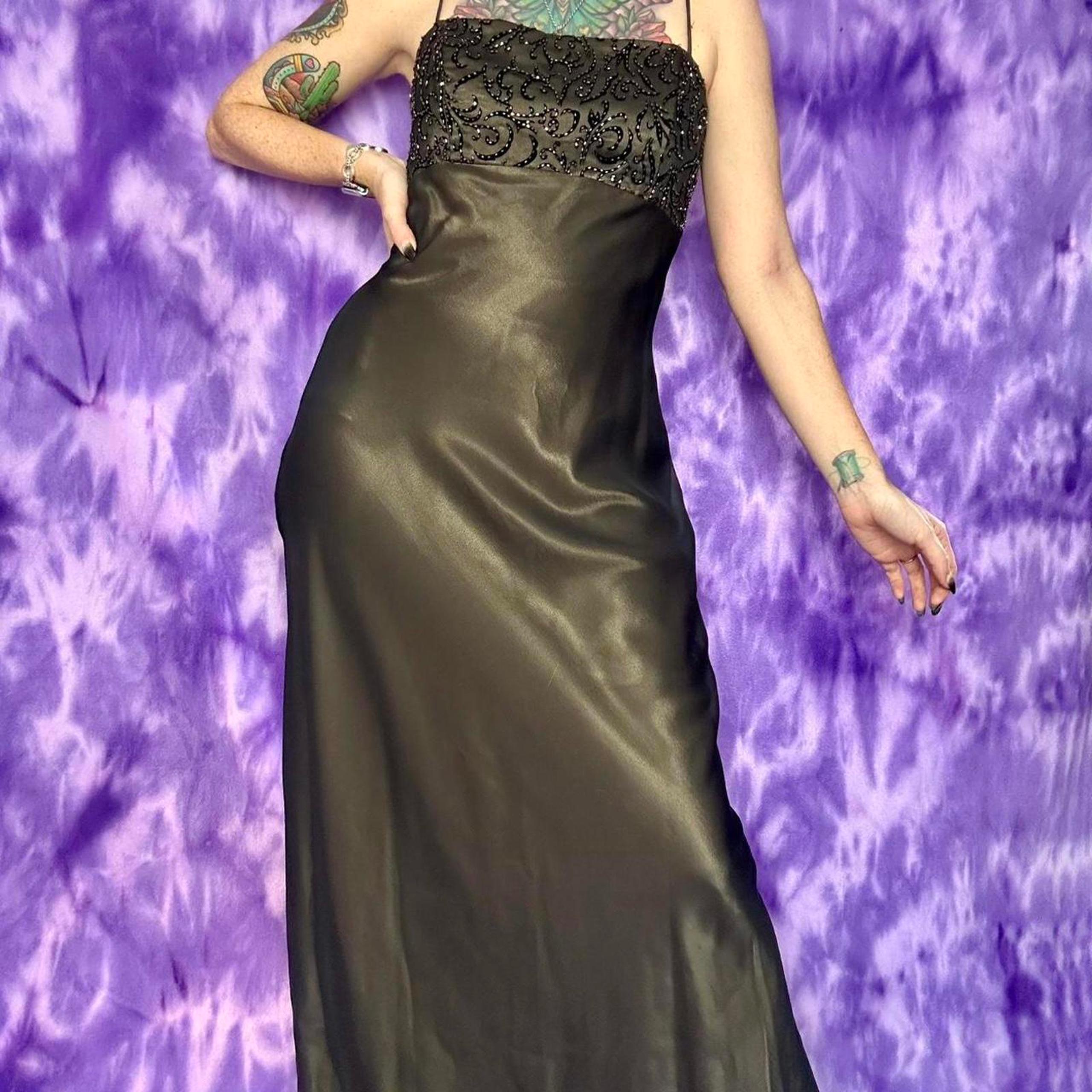 Black sheer and gold satin spaghetti strap maxi dress