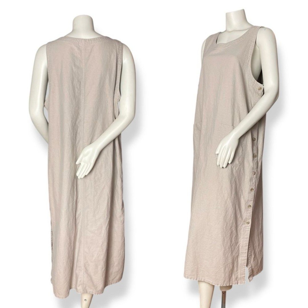 Vintage Shift Dress Jumper Sleeveless Jumper Beige Tan Summer Relaxed Fit Midi