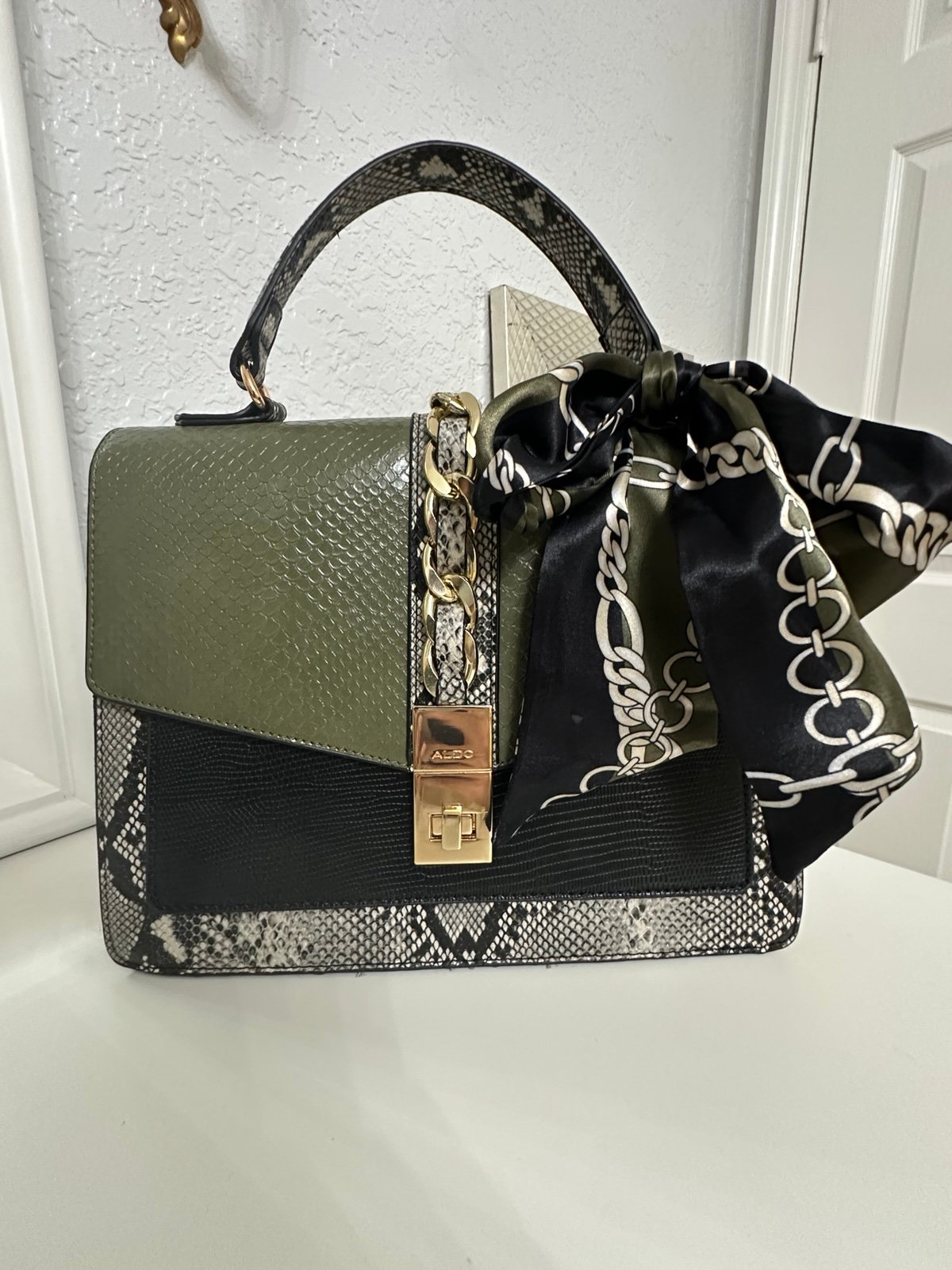 Aldo Cailla Green Snake Print Top Handle Satchel Bag