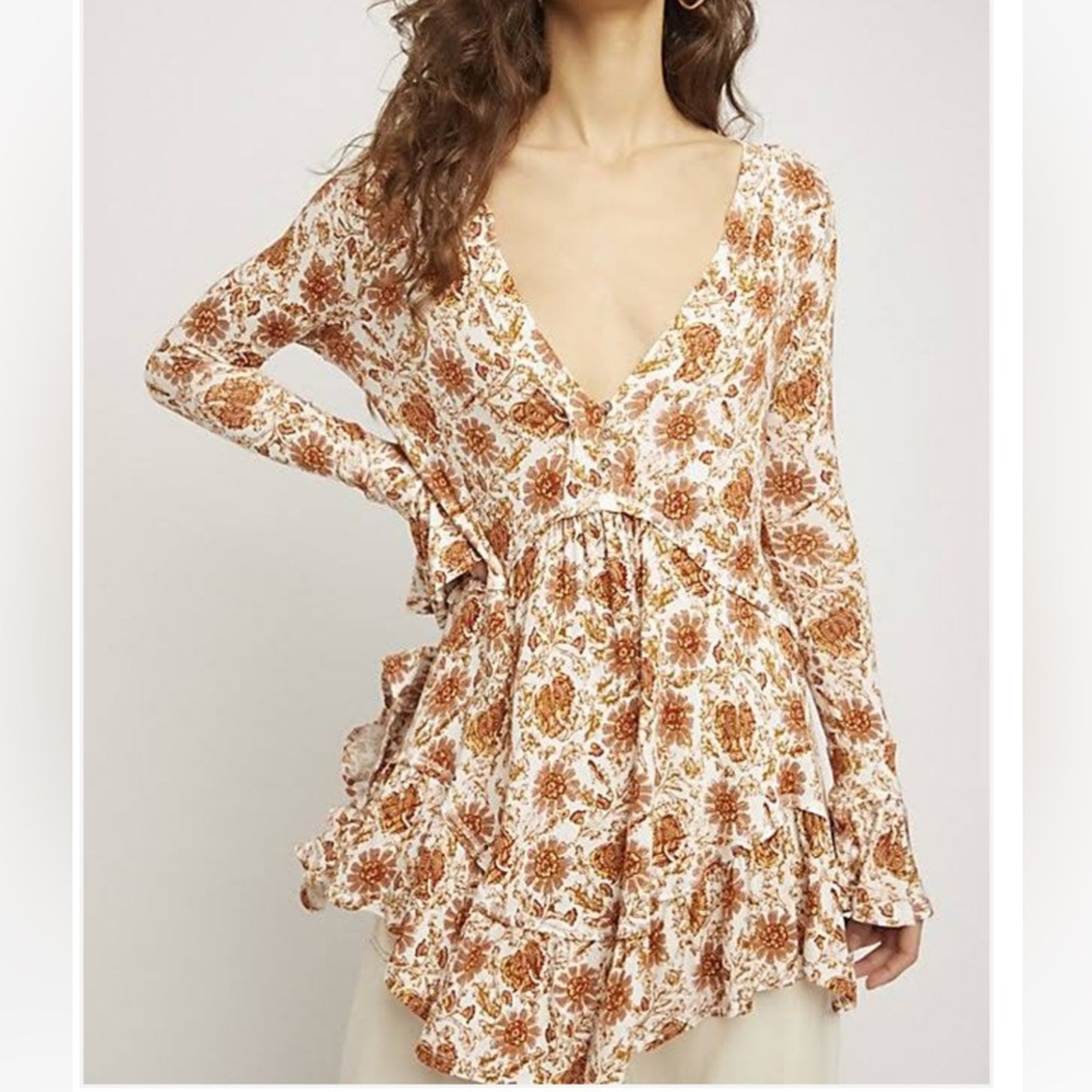 Free People Olivia Printed Ruffled Tunic Top Size XS Cream w/ Floral