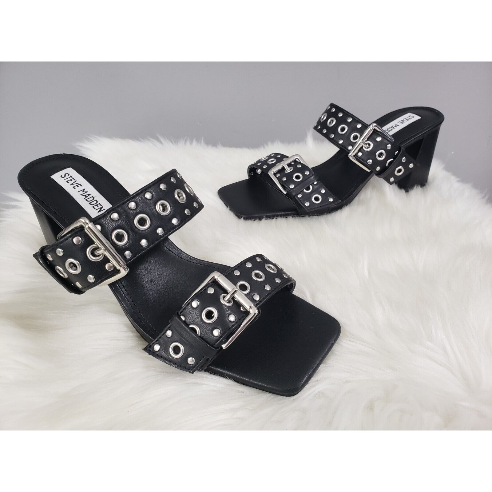 NEW NO BOX Steve Madden Black Studded Slip On Square Toe Leather Heeled Sandal 8