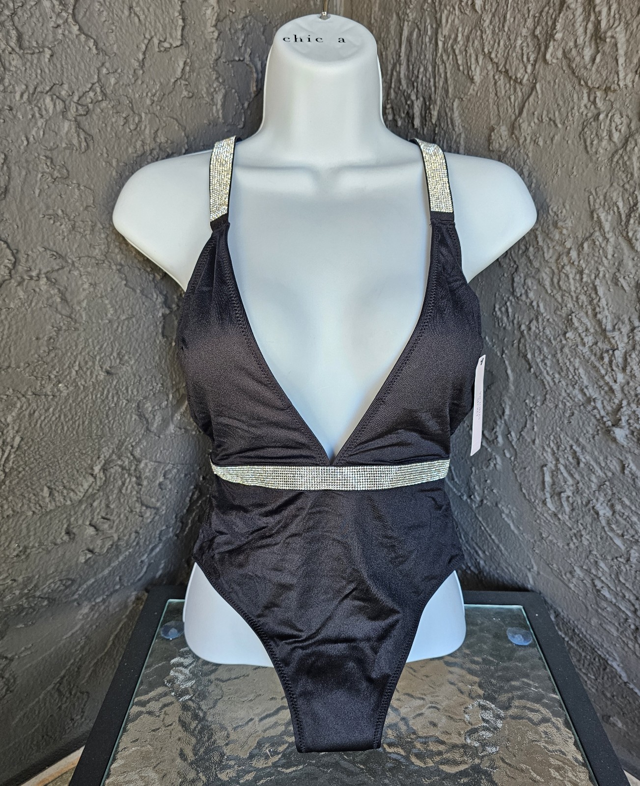 Victoria's Secret Shine Crystal Strap Black Plunge One Swimsuit. Sz Small