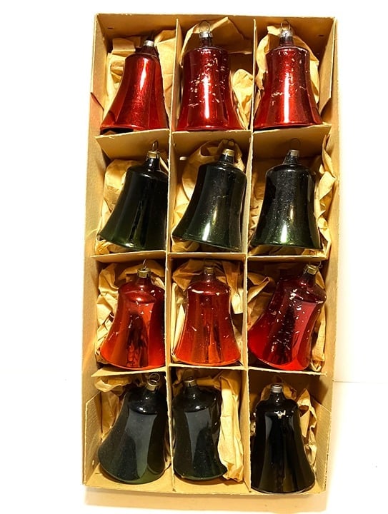 Box of Twelve Vintage Glass Bell Christmas Ornaments (091)