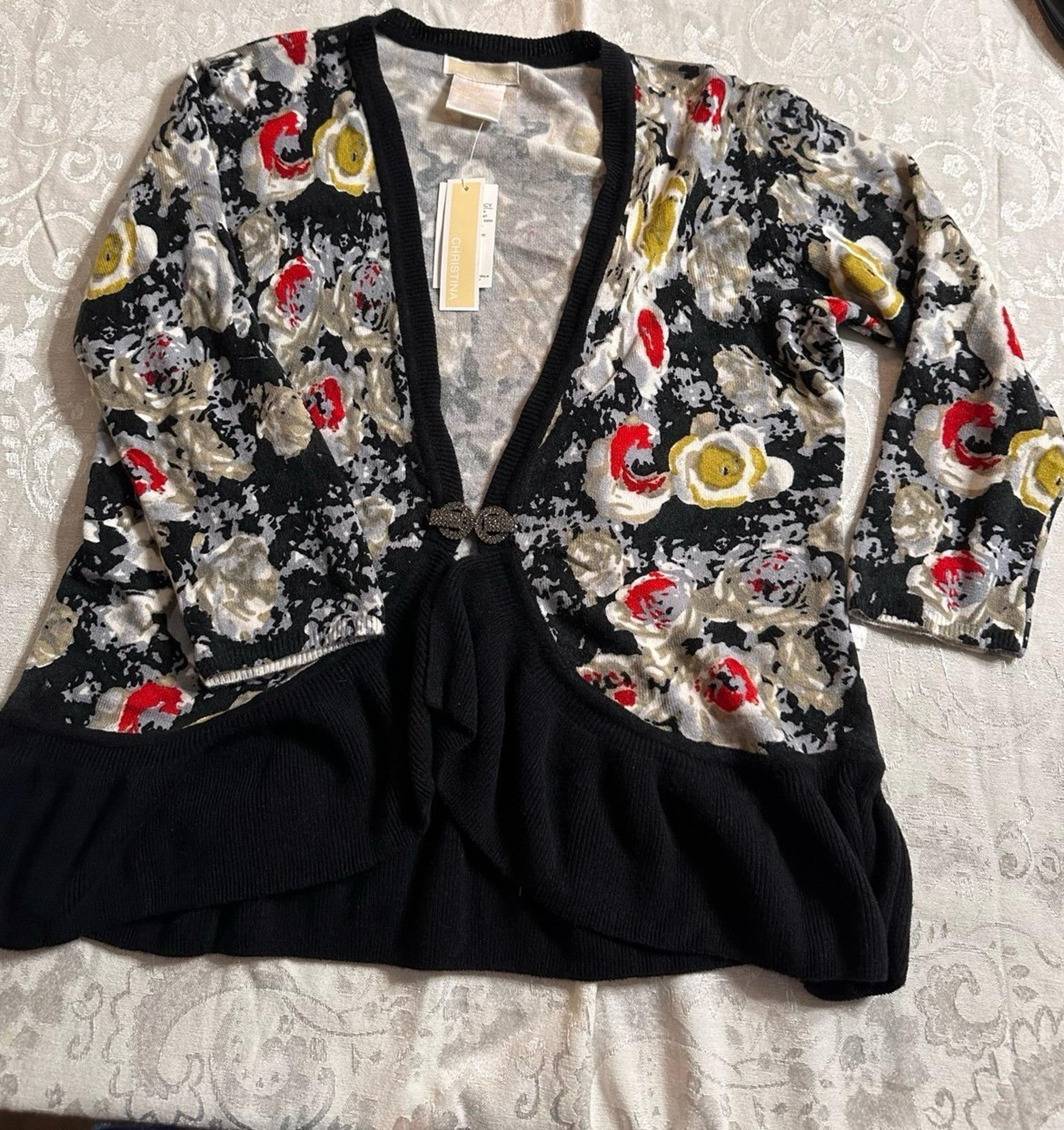 Christina  Floral Cardigan Sweater w Rhinestone Clasp & Ruffle Hem Sz PM