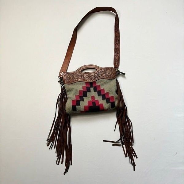American Darling Western Leather Fringed Purse Bag Tooled Aztec Saddle Blanket