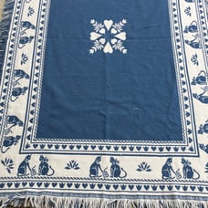 Vintage Farmhouse Cottage Blue Heart Cats Play Yarn Ball Reverse Medium Area Rug