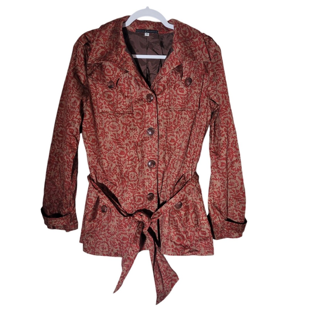 Peruvian Connection Belted Jacket Women's Size Medium Red Tan Floral Boho Cotton
