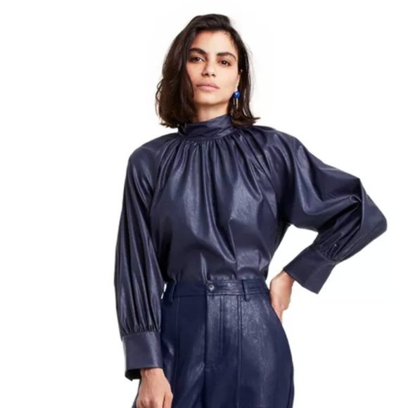 Rachel Comey x Target Navy Long Sleeve Faux Leather Tie Back Top - Size XL