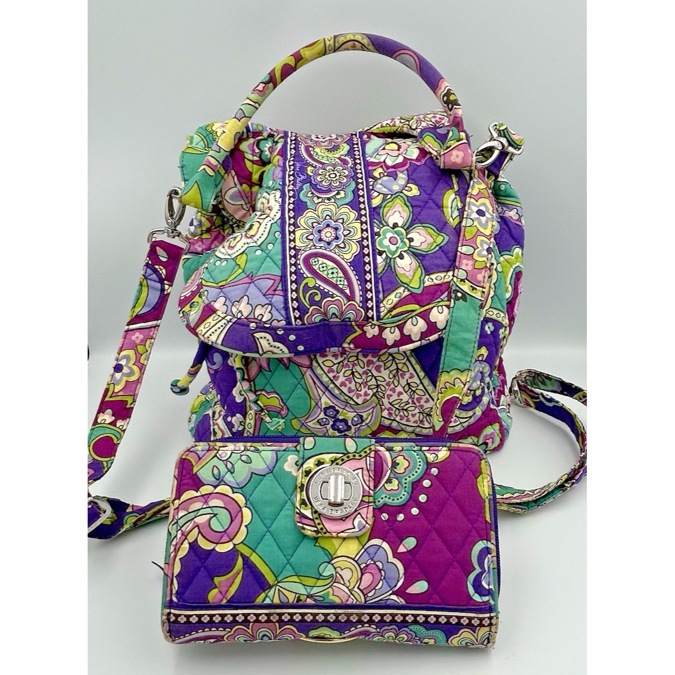Vera Bradley Paisley Purple Multicolor Matching Wallet & Backpack Large Tote