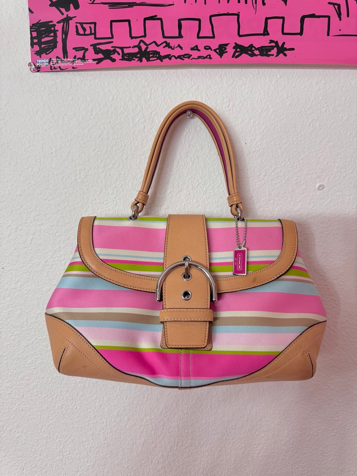 Coach Hampton Stripes Vachetta Handbag in Multi Color Stripe Canvas Satchel Bag