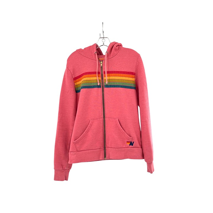 Aviator Nation Pink Rainbow Stripe Zip-Up Hoodie Pockets For Women Size M