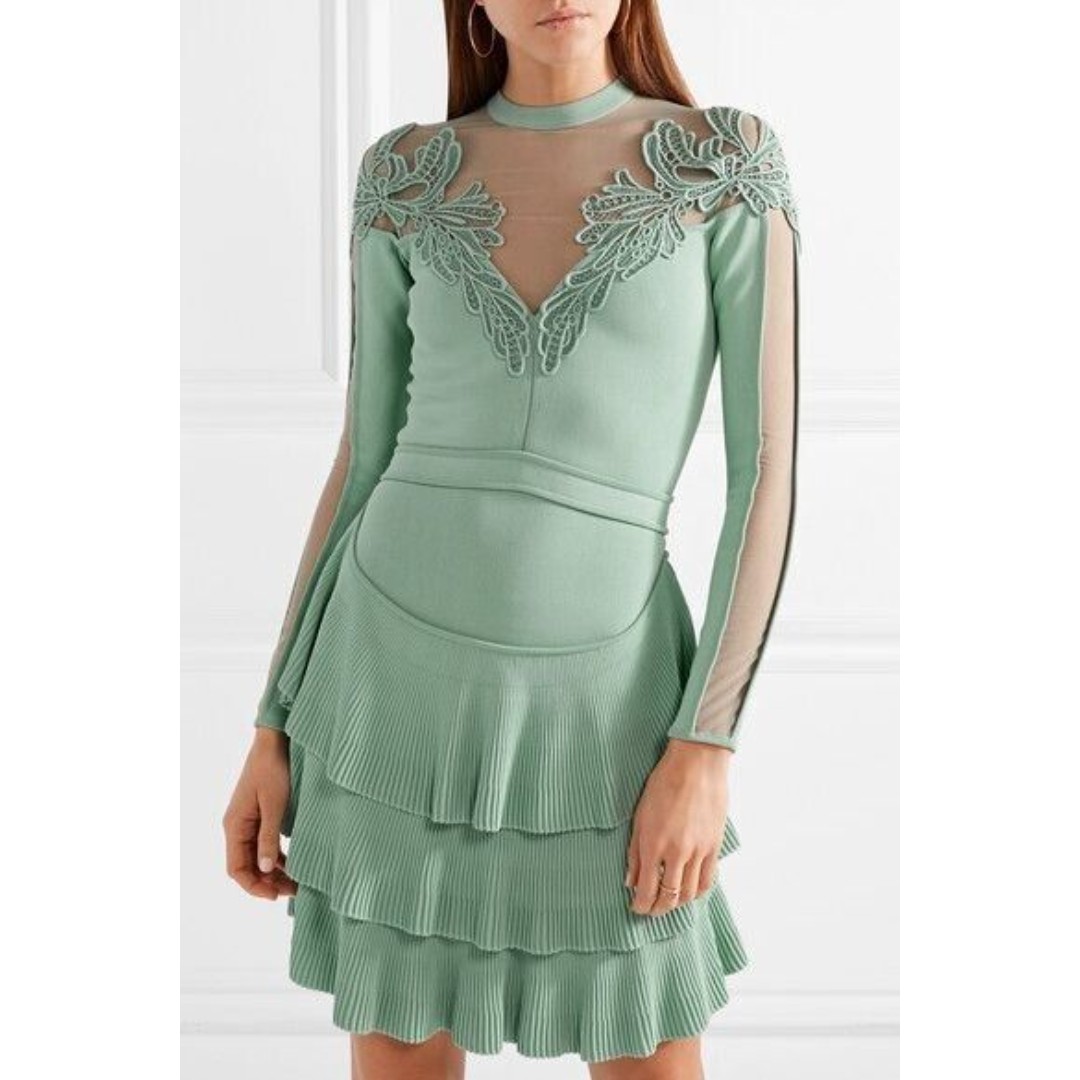 NWT 3265 Elie Saab Appliquéd Tulle-paneled Stretch-knit Mini Dress - FR36,US S