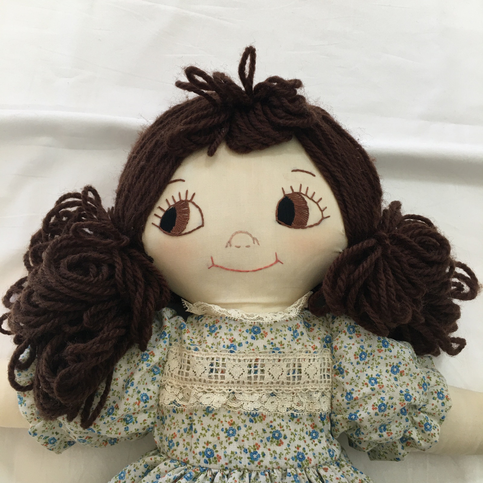 Vintage Handmade Muslin Cloth Girl Baby Doll Original 1979 Dolly Yarn Hair