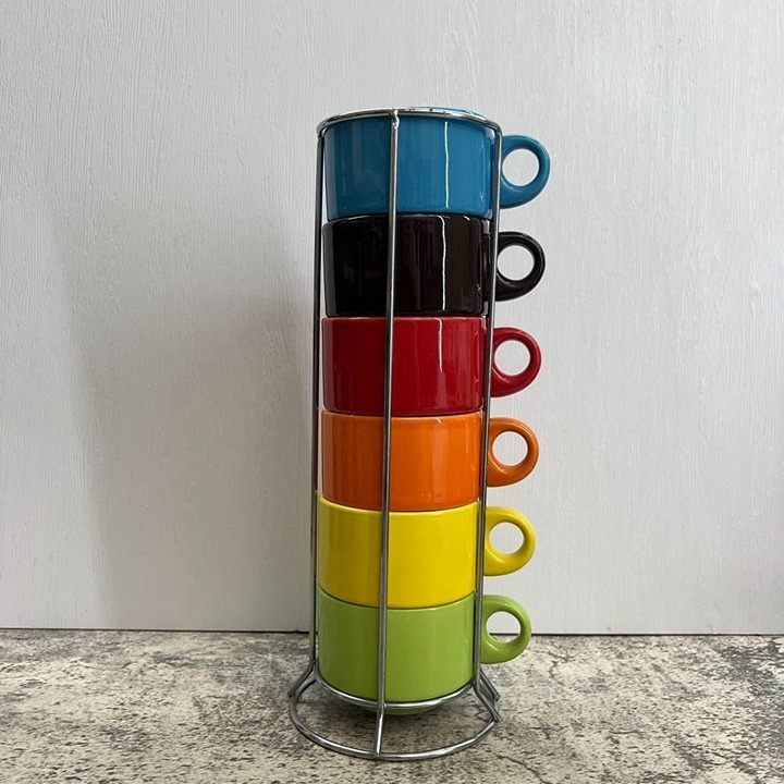 Pier 1 Imports Ceramic Stackable Coffee Mug Set of 6 Multicolor with Stand