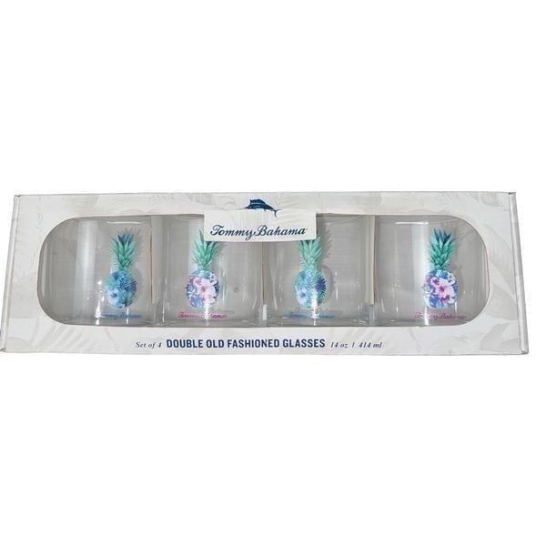 Tommy Bahama Set of 4 Double Old Fashioned Glasses 14oz Floral Pineapple New in
