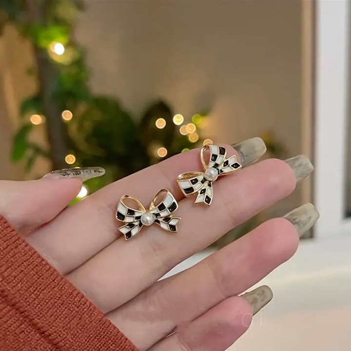 Enamel Checkerboard Bow Stud Earrings Pearl Center