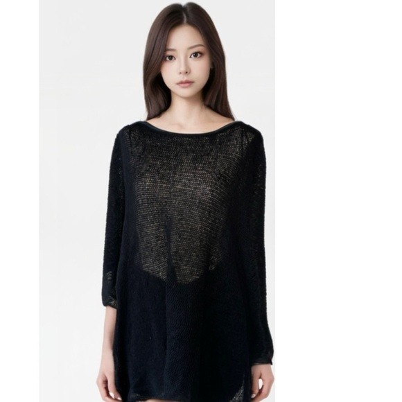 NWT ZARA Black Oversized Wool Blend Knit Poncho Cape Semi Sheer XS-S