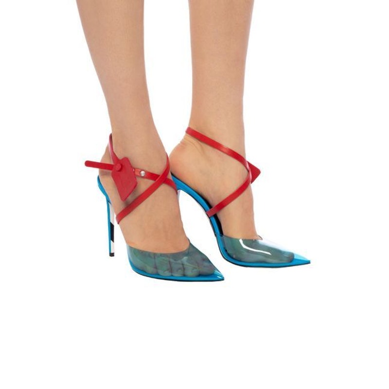 Off White Pvc Zip Tie Mules Stiletto Heels Pointed Toe Blue Size IT39/US9