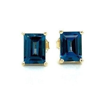 14k Yellow Gold 3.80Ct Natural Emerald Cut London Blue Topaz Stud Earrings
