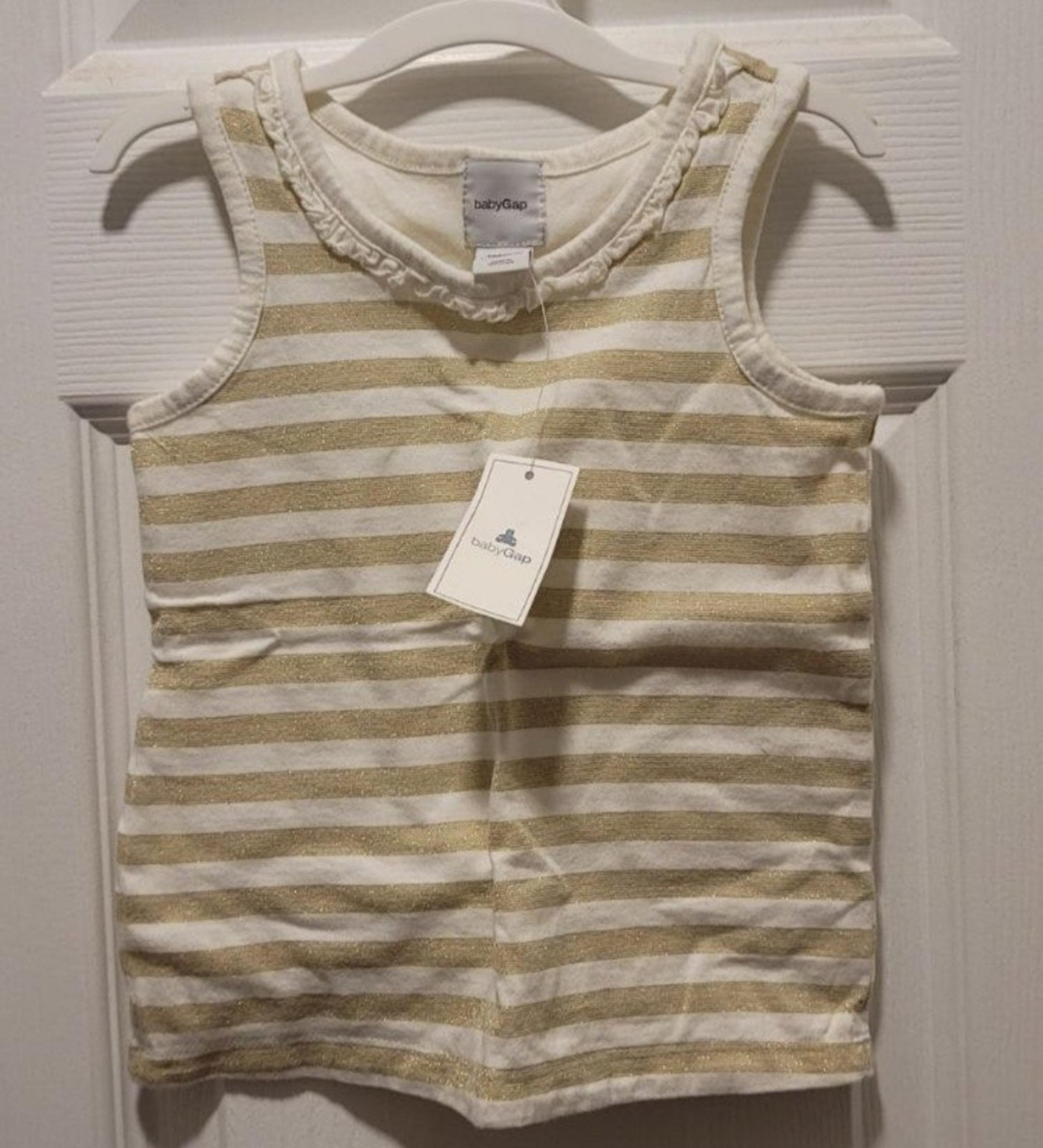 NWT Baby GAP Girl's White Gold Stripe Ruffle Neck Tank 12-18 Months