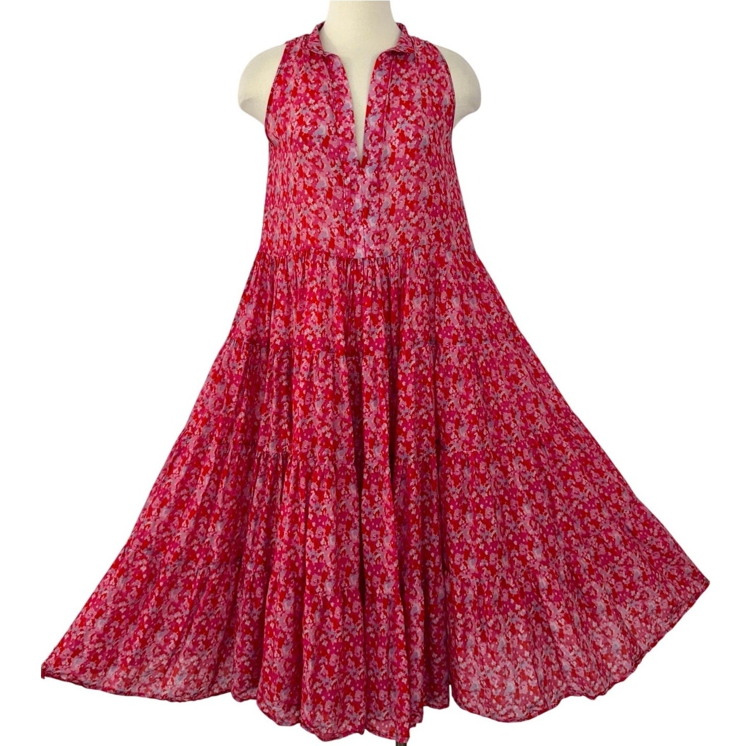 ROOEY Sleeveless Tiered Maxi Dress Floral Semi-Sheer Pink/Red Size S