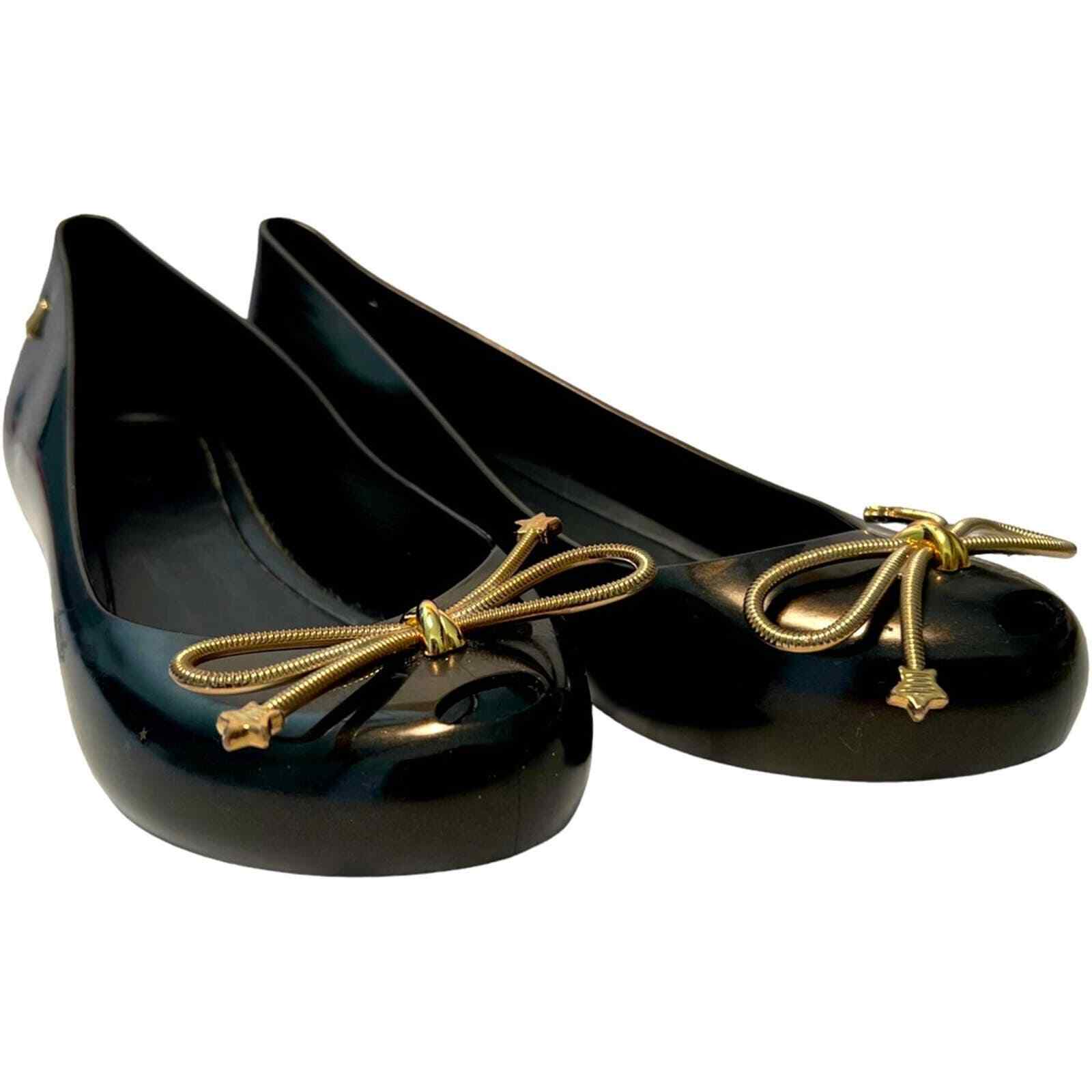 Melissa Space Love Elements Ballerina Black Ballet Flats w/ Gold Tied Bow sz 7