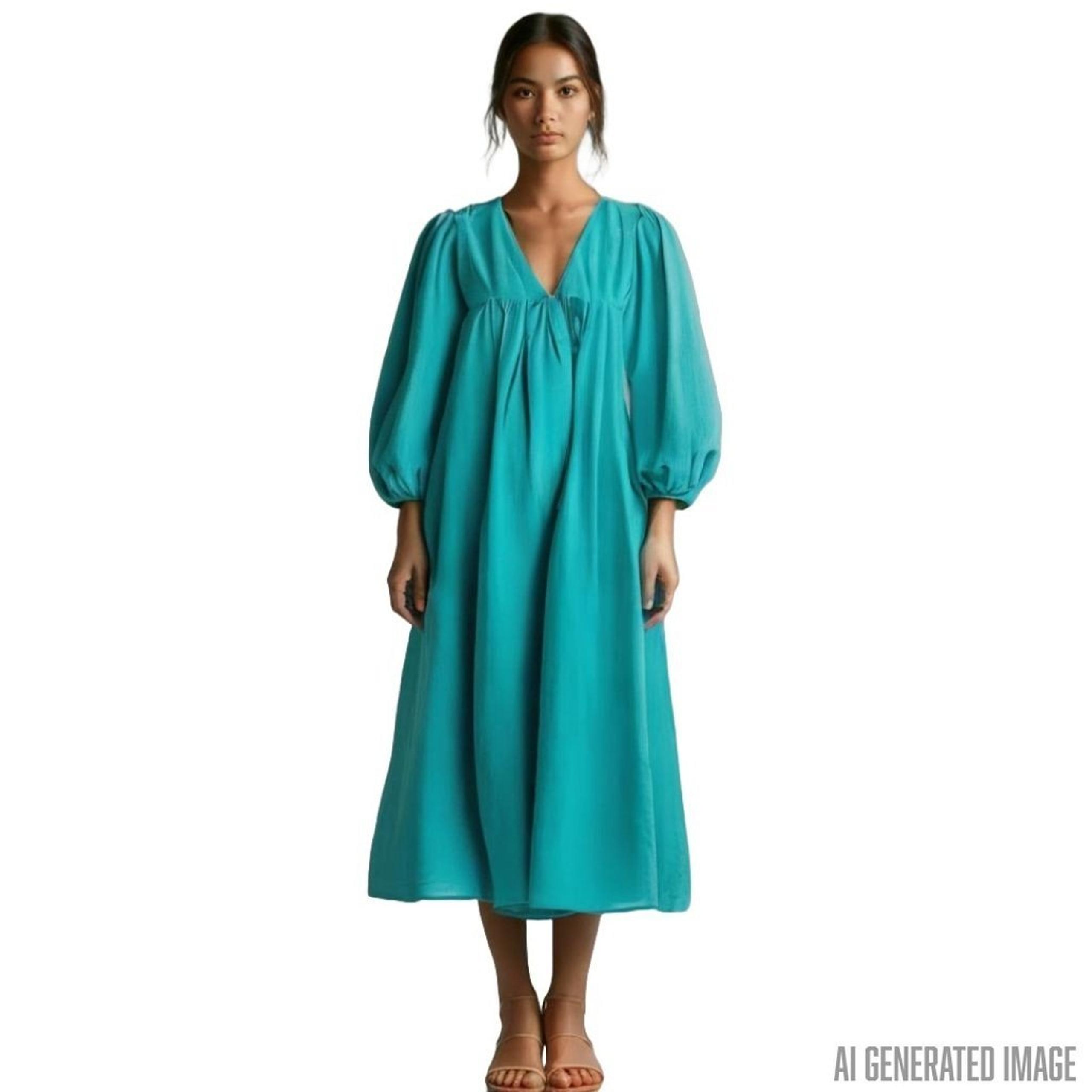 Whistles Gloria Dress Teal Linen Puff Sleeve Boho Prairie Cottagecore Size 4 NWT