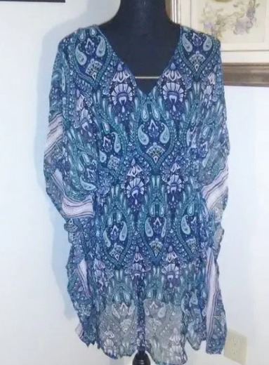 Ella Moss sheer flare sleeve tunic top adjustable strings by waist sides