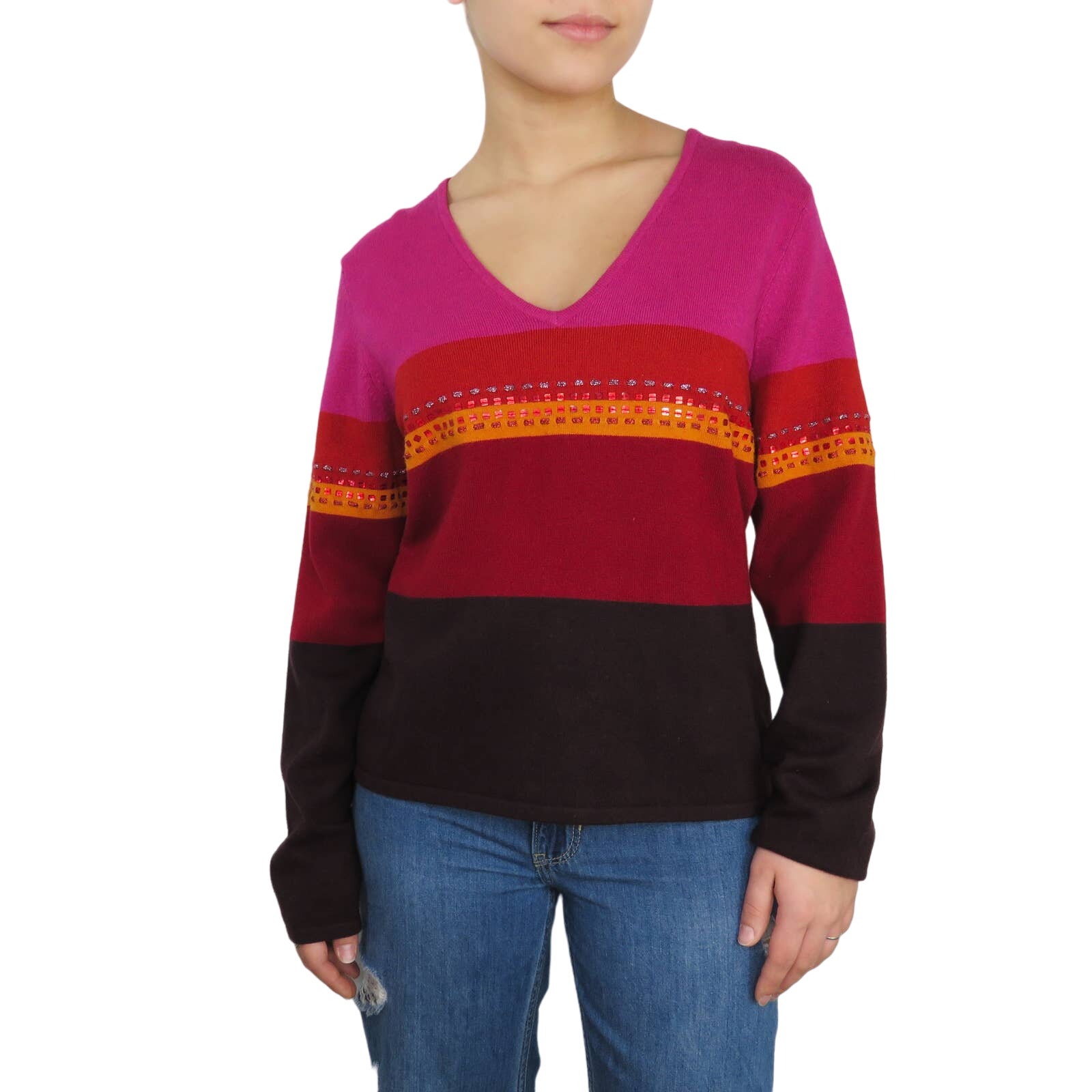 1990s Vintage Inc Pink Striped Colorblock Beaded V-Neck Sweater Large
