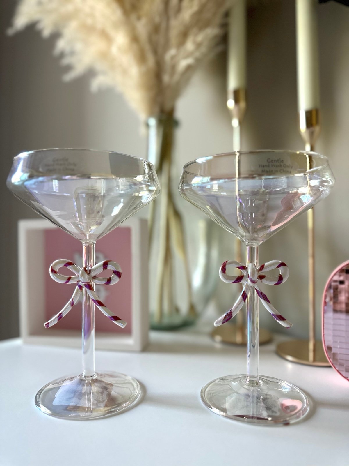 Candy Cane Bow Luster Coupe Martini Cocktail Glasses Set of 2 NWT