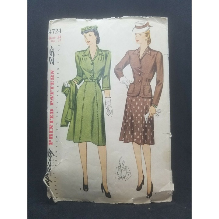 HTF 1943 Simplicity Sewing Pattern #4724 WWII Era Dress Jacket Size 16 Misses