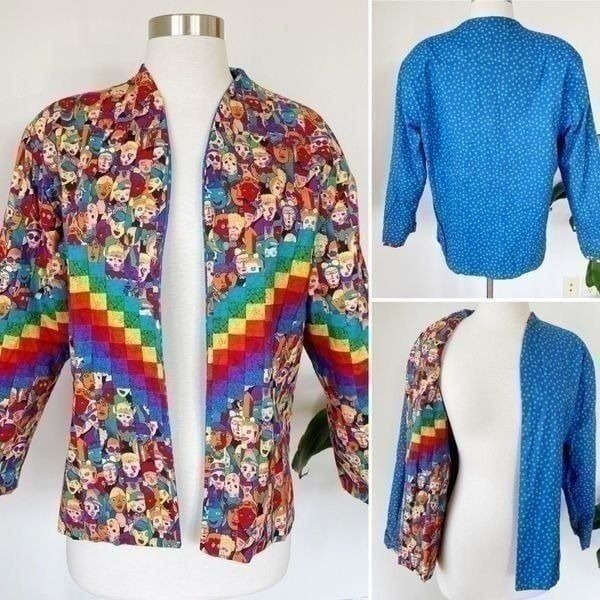 Handmade Unique Quilted Crowd People Rainbow Jacket Size S M Reversible Pride