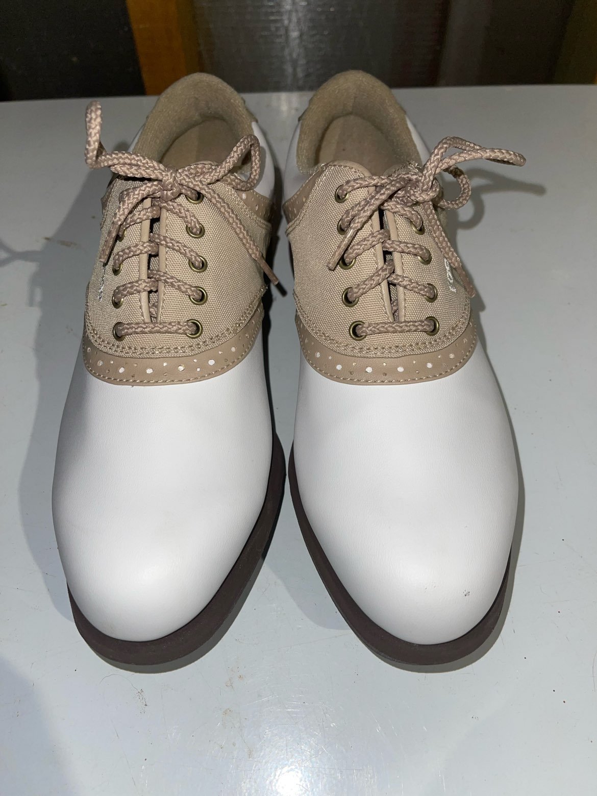 FOOTJOY Size 7 M Greenjoys White Brown Saddle Womens Golf Shoes 48727